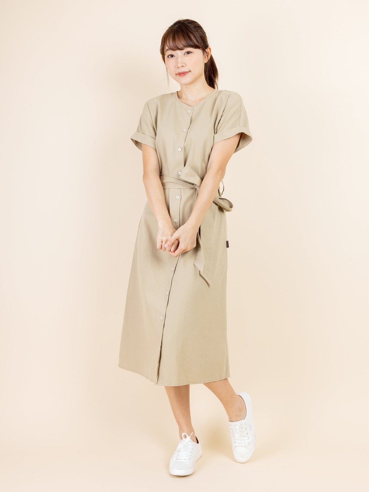 Tess Crew Neck Tie Waist Dress - DAG-DD9451-22CreamF - Beige - F - D'ZAGE Designs