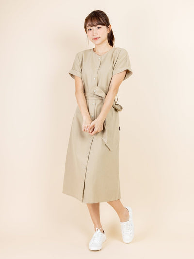 Tess Crew Neck Tie Waist Dress - DAG-DD9451-22CreamF - Beige - F - D'ZAGE Designs