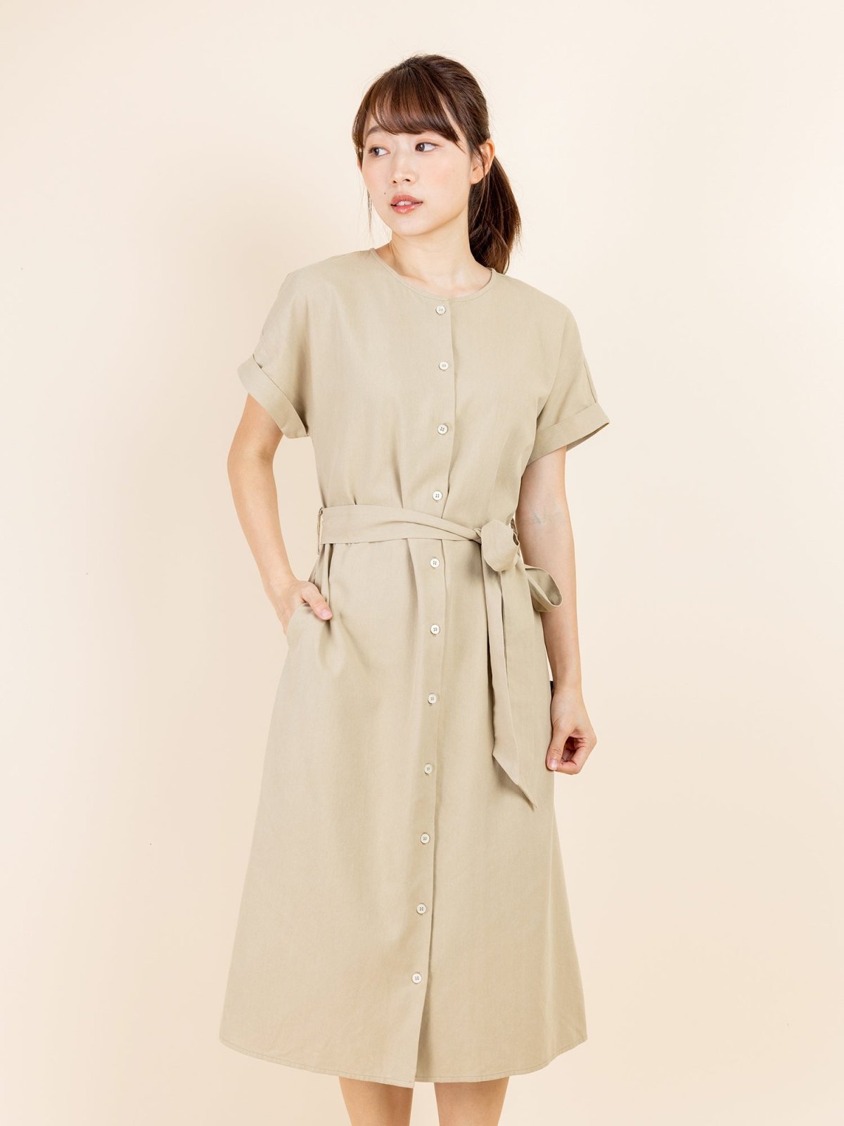 Tess Crew Neck Tie Waist Dress - DAG-DD9451-22CreamF - Beige - F - D'ZAGE Designs