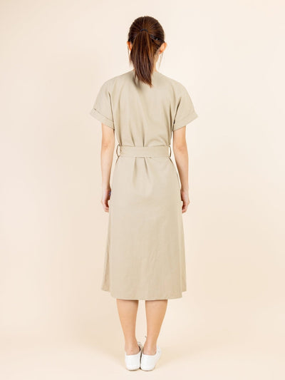 Tess Crew Neck Tie Waist Dress - DAG-DD9451-22CreamF - Beige - F - D'ZAGE Designs