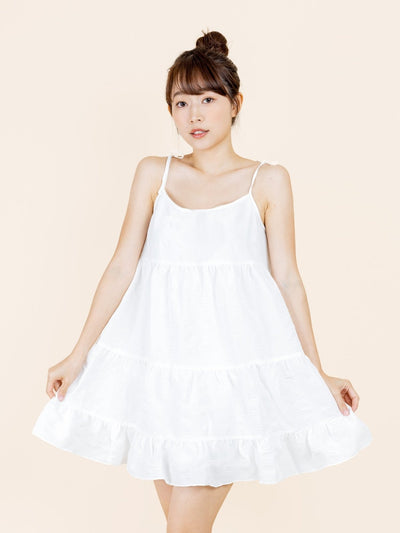 Katy Textured Tiered Mini Dress - DAG-DD8517-21MochiIvoryF - Marshmallow White - F - D'ZAGE Designs