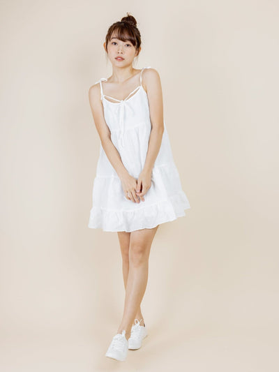 Katy Textured Tiered Mini Dress - DAG-DD8517-21MochiIvoryF - Marshmallow White - F - D'ZAGE Designs