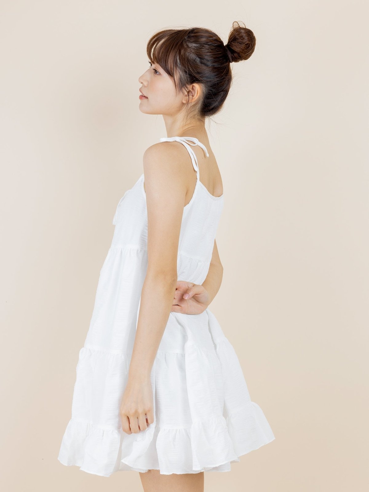 Katy Textured Tiered Mini Dress - DAG-DD8517-21MochiIvoryF - Marshmallow White - F - D'ZAGE Designs
