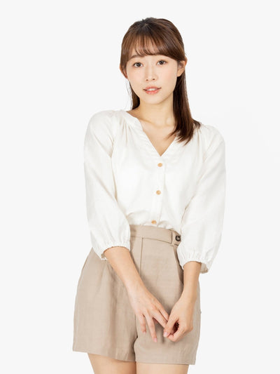 Casey Button Down Notch Neck Blouse - DAG-DD9504-22MochiIvoryF - Mochi Ivory - F - D'ZAGE Designs