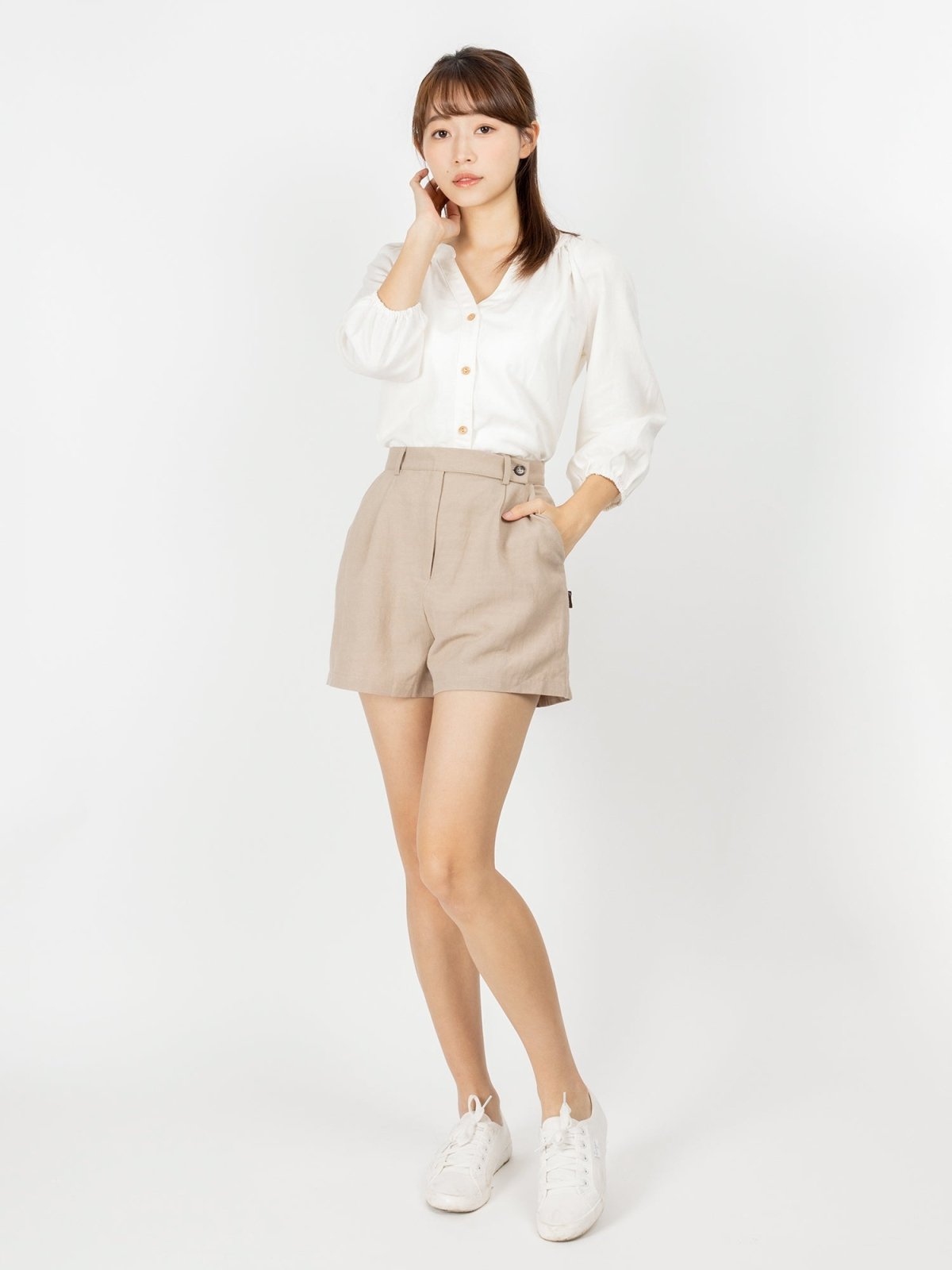 Casey Button Down Notch Neck Blouse - DAG-DD9504-22MochiIvoryF - Mochi Ivory - F - D'ZAGE Designs