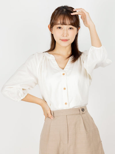 Casey Button Down Notch Neck Blouse - DAG-DD9504-22MochiIvoryF - Mochi Ivory - F - D'ZAGE Designs