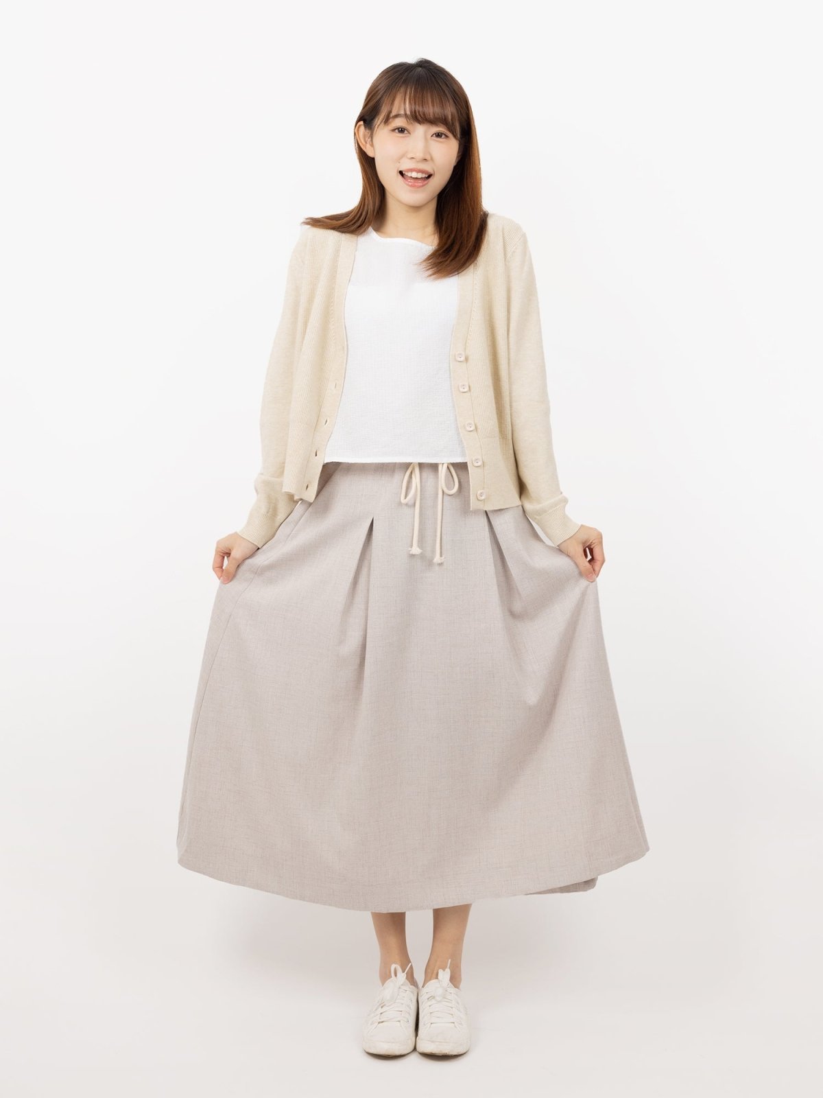 Belle Tie Waist Flare Midi Skirt - DAG-DD9534-22ChalkF - Gray - F - D'ZAGE Designs