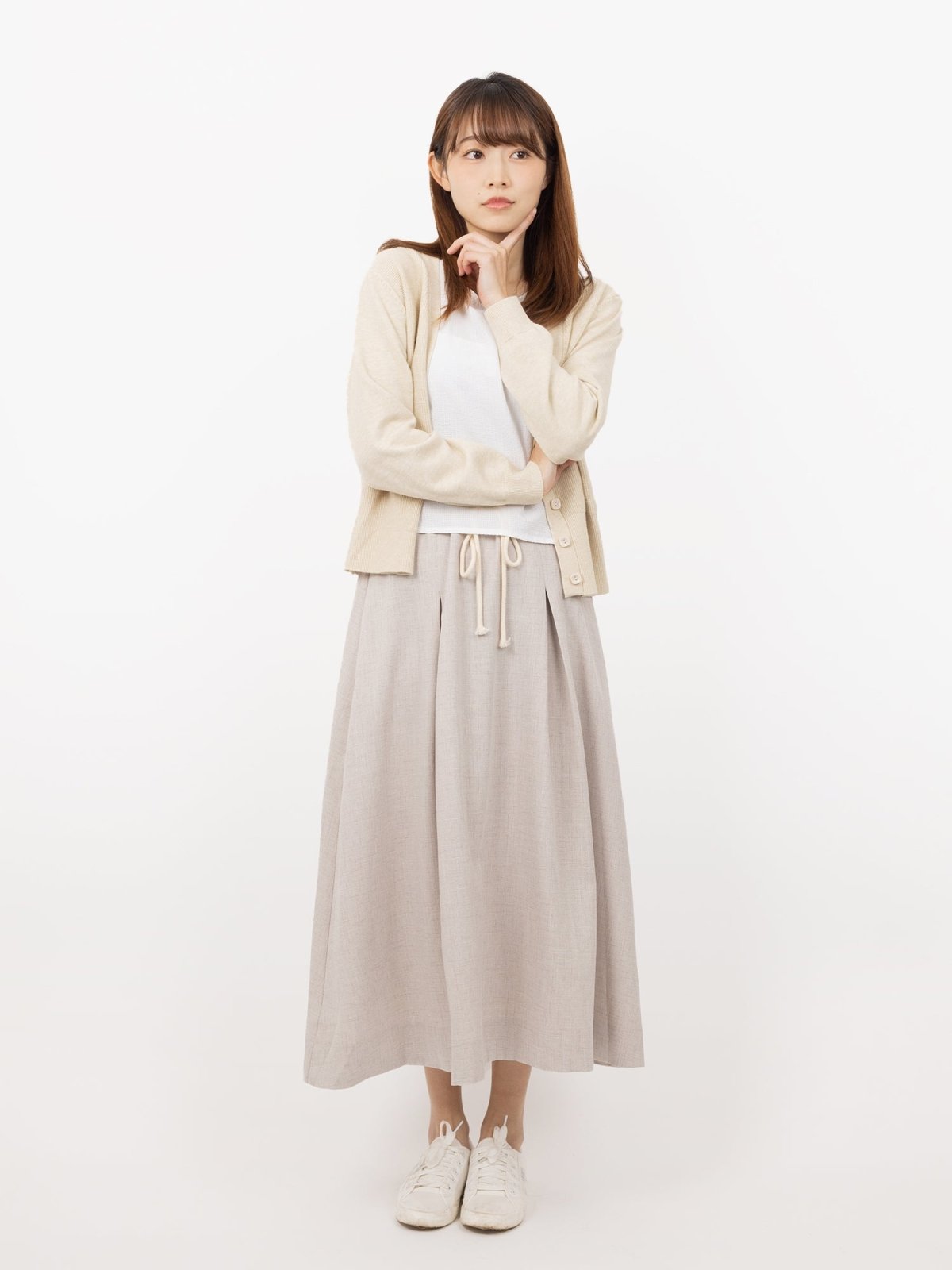 Belle Tie Waist Flare Midi Skirt - DAG-DD9534-22ChalkF - Gray - F - D'ZAGE Designs