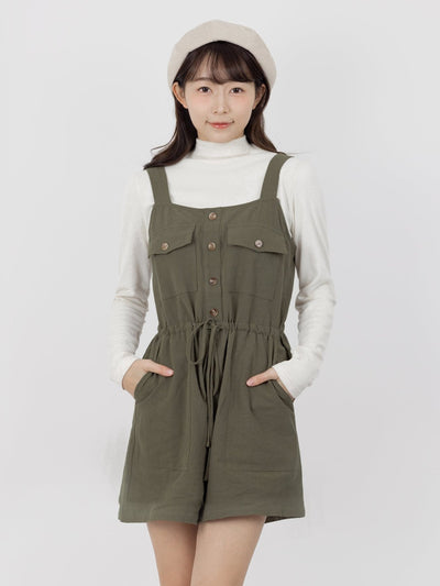 Freya Tie-Waist Button Front Romper - DAG-DD9334-22SmokeF - Matcha Green - F - D'ZAGE Designs