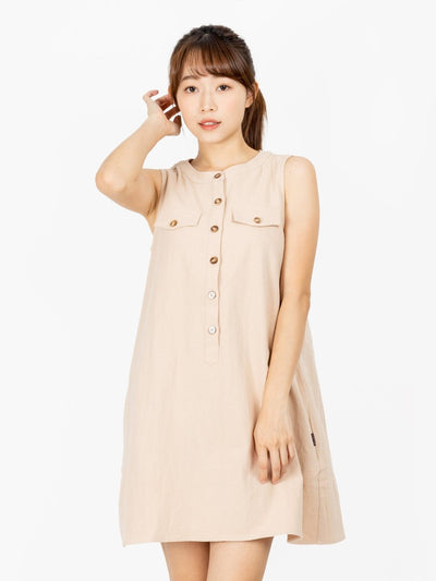 Kian Button Down A-Line Sleeveless Dress - DAG-DD9469-22AlmondCreamF - Almond Cream - F - D'ZAGE Designs
