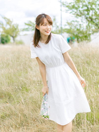 Tiff Elastic Waist Short Sleeve Dress - DAG-DD9449-22MochiIvoryF - Marshmallow White - F - D'ZAGE Designs