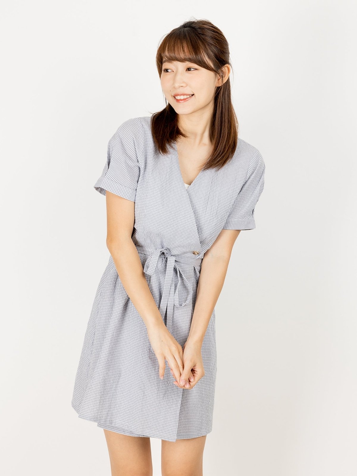 Kye Plaid Wrap Mini Dress - DAG-DD9476-22GrayGinghamF - Gray - F - D'ZAGE Designs