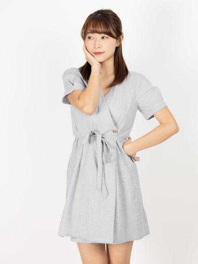Kye Plaid Wrap Mini Dress - DAG-DD9476-22GrayGinghamF - Gray - F - D'ZAGE Designs