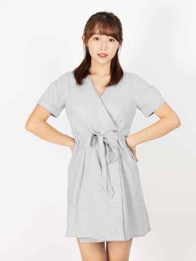 Kye Plaid Wrap Mini Dress - DAG-DD9476-22GrayGinghamF - Gray - F - D'ZAGE Designs