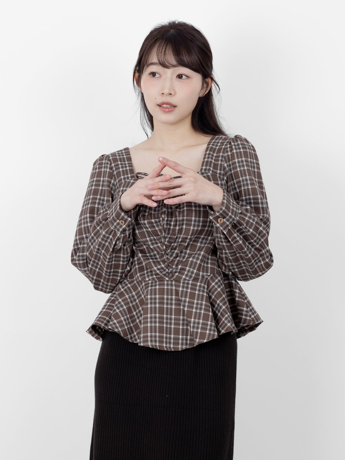 Bryne Plaid Gathered Ruffles Hem Top - DAG-DD9891-22BrownieS - Brownie - S - D'ZAGE Designs