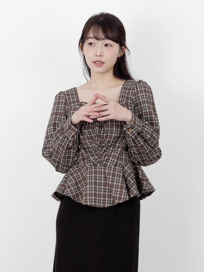 Bryne Plaid Gathered Ruffles Hem Top - DAG-DD9891-22BrownieS - Brownie - S - D'ZAGE Designs
