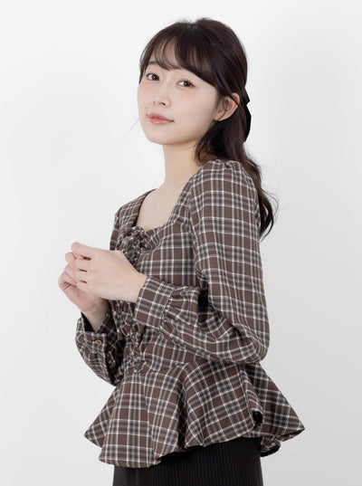 Bryne Plaid Gathered Ruffles Hem Top - DAG-DD9891-22BrownieS - Brownie - S - D'ZAGE Designs