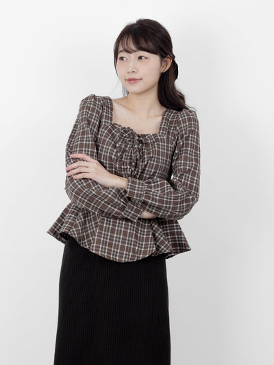 Bryne Plaid Gathered Ruffles Hem Top - DAG-DD9891-22BrownieS - Brownie - S - D'ZAGE Designs