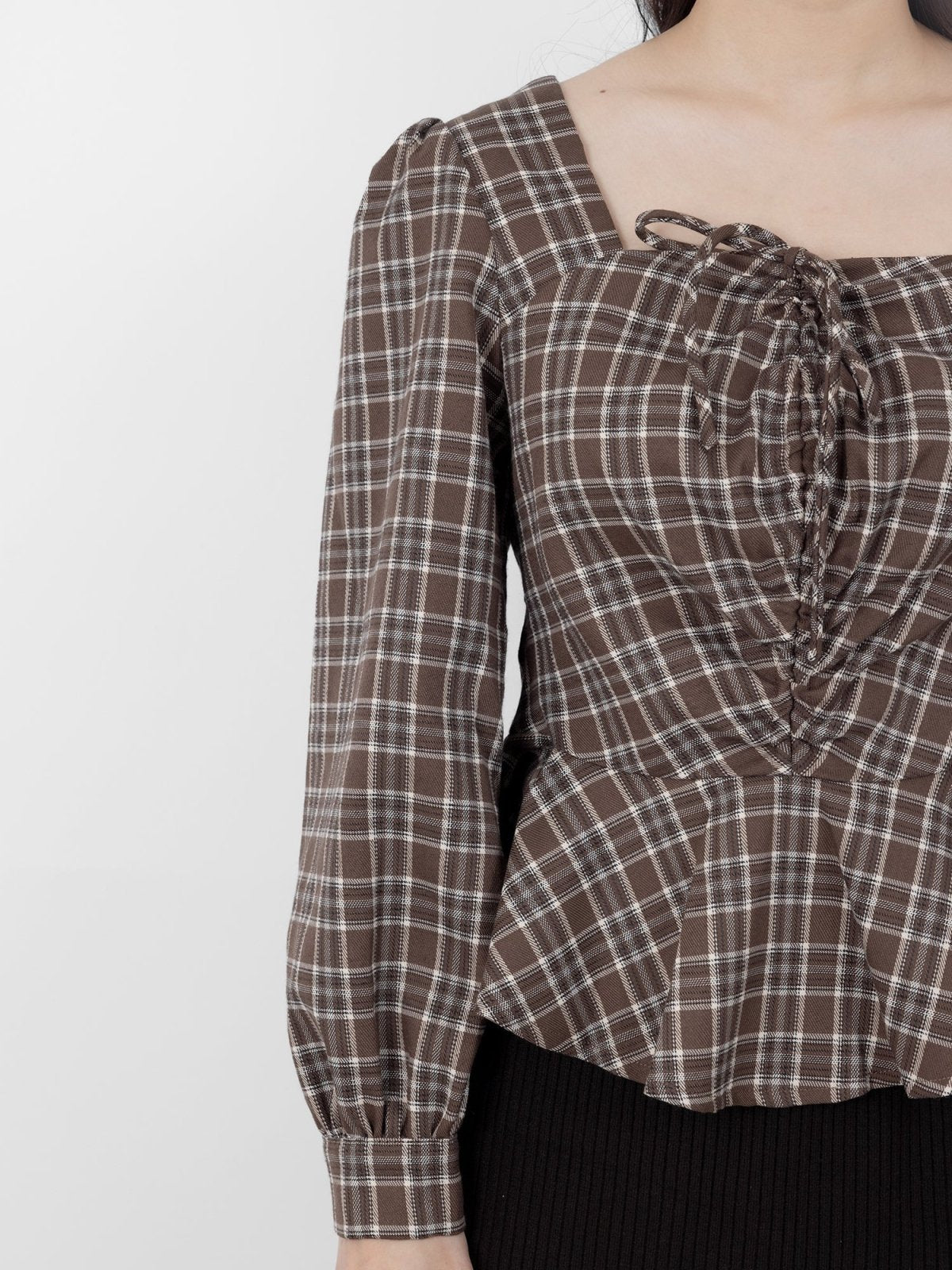 Bryne Plaid Gathered Ruffles Hem Top - DAG-DD9891-22BrownieS - Brownie - S - D'ZAGE Designs