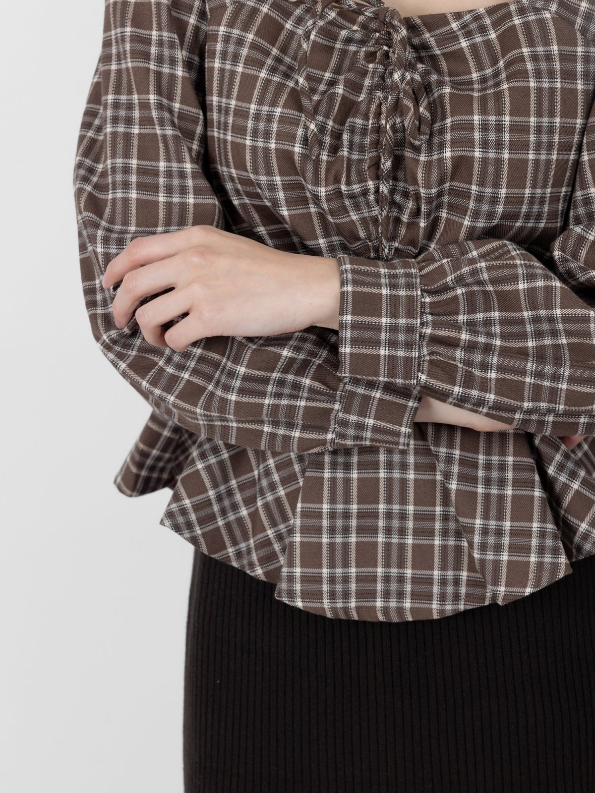 Bryne Plaid Gathered Ruffles Hem Top - DAG-DD9891-22BrownieS - Brownie - S - D'ZAGE Designs