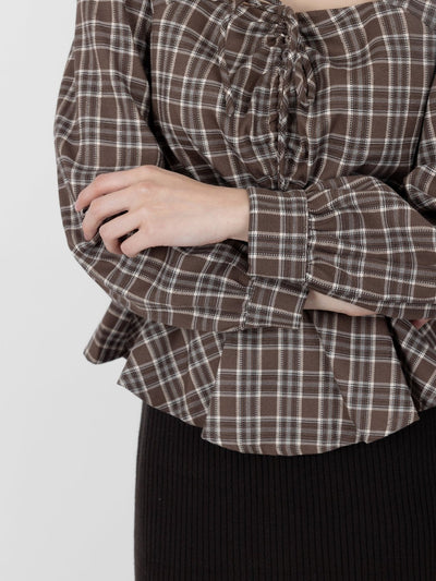 Bryne Plaid Gathered Ruffles Hem Top - DAG-DD9891-22BrownieS - Brownie - S - D'ZAGE Designs