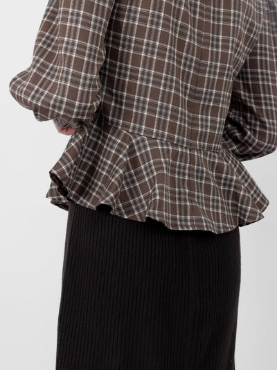Bryne Plaid Gathered Ruffles Hem Top - DAG-DD9891-22BrownieS - Brownie - S - D'ZAGE Designs