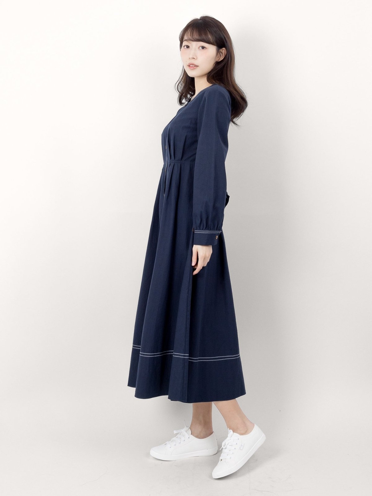 Meribelle Buttoned Contrast Line Dress - DAG-DD9894-22NavyS - Navy Blue - S - D'ZAGE Designs
