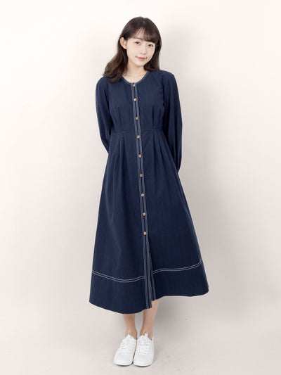 Meribelle Buttoned Contrast Line Dress - DAG-DD9894-22NavyS - Navy Blue - S - D'ZAGE Designs