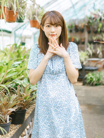 Kalyn Floral Shirred Dress - DAG-DD9447-22IvoryBluePrintF - Ivory Blue Print - F - D'ZAGE Designs