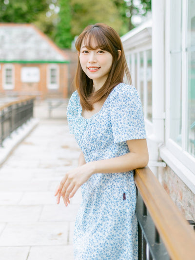 Kalyn Floral Shirred Dress - DAG-DD9447-22IvoryBluePrintF - Ivory Blue Print - F - D'ZAGE Designs