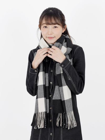 Beau Checker Fringed Scarf - DAG-G-A9849-22SesameBlackF - Black - F - D'ZAGE Designs