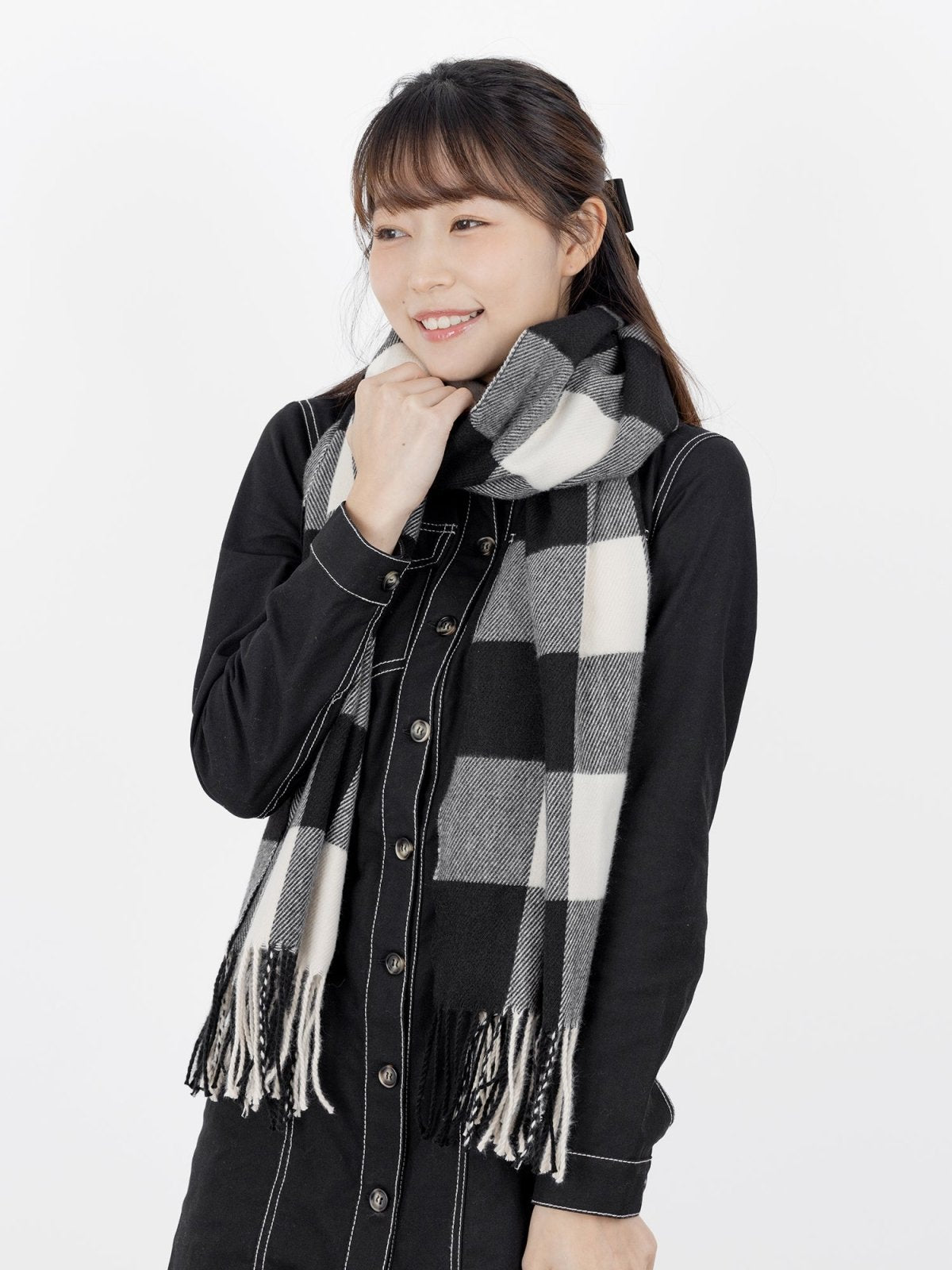 Beau Checker Fringed Scarf - DAG-G-A9849-22SesameBlackF - Black - F - D'ZAGE Designs