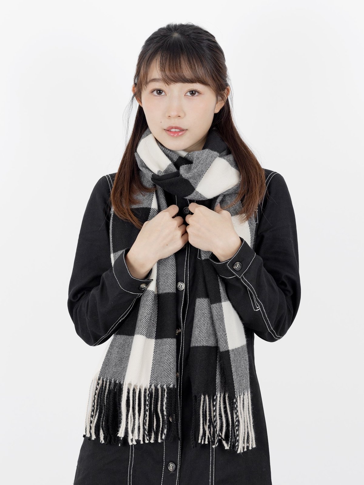 Beau Checker Fringed Scarf - DAG-G-A9849-22SesameBlackF - Black - F - D'ZAGE Designs