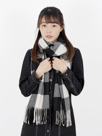 Beau Checker Fringed Scarf - DAG-G-A9849-22SesameBlackF - Black - F - D'ZAGE Designs