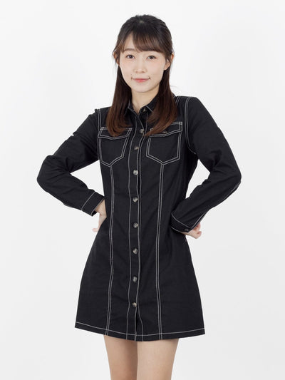 Ria Contrast Line Slim Cut Dress - DAG-DD9841-22SesameBlackS - Black - S - D'ZAGE Designs