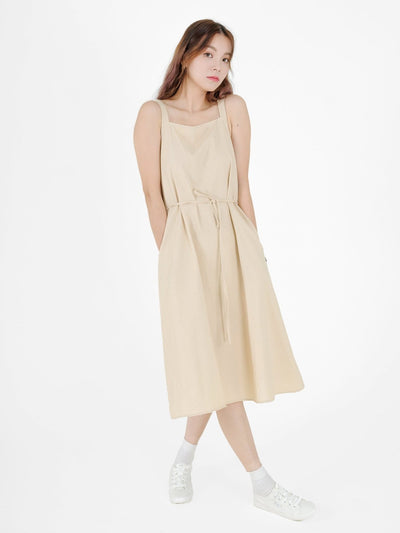 Nora Tie waist Midi Dress - DAG-DD9537-22AlmondF - Almond Cream - F - D'ZAGE Designs