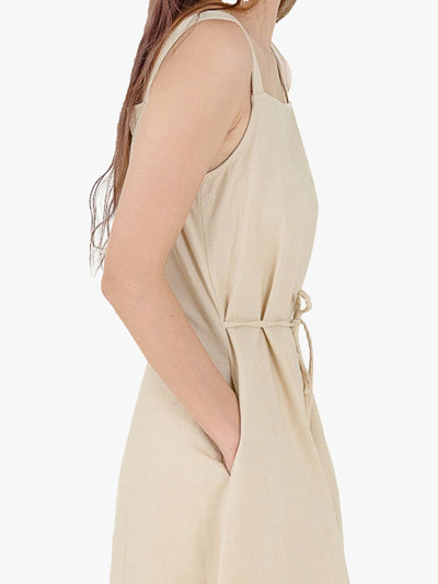 Nora Tie waist Midi Dress - DAG-DD9537-22AlmondF - Almond Cream - F - D'ZAGE Designs