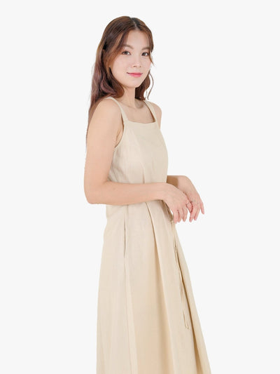 Nora Tie waist Midi Dress - DAG-DD9537-22AlmondF - Almond Cream - F - D'ZAGE Designs