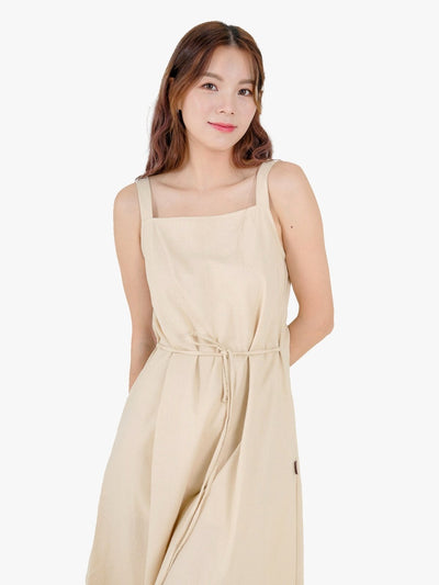 Nora Tie waist Midi Dress - DAG-DD9537-22AlmondF - Almond Cream - F - D'ZAGE Designs