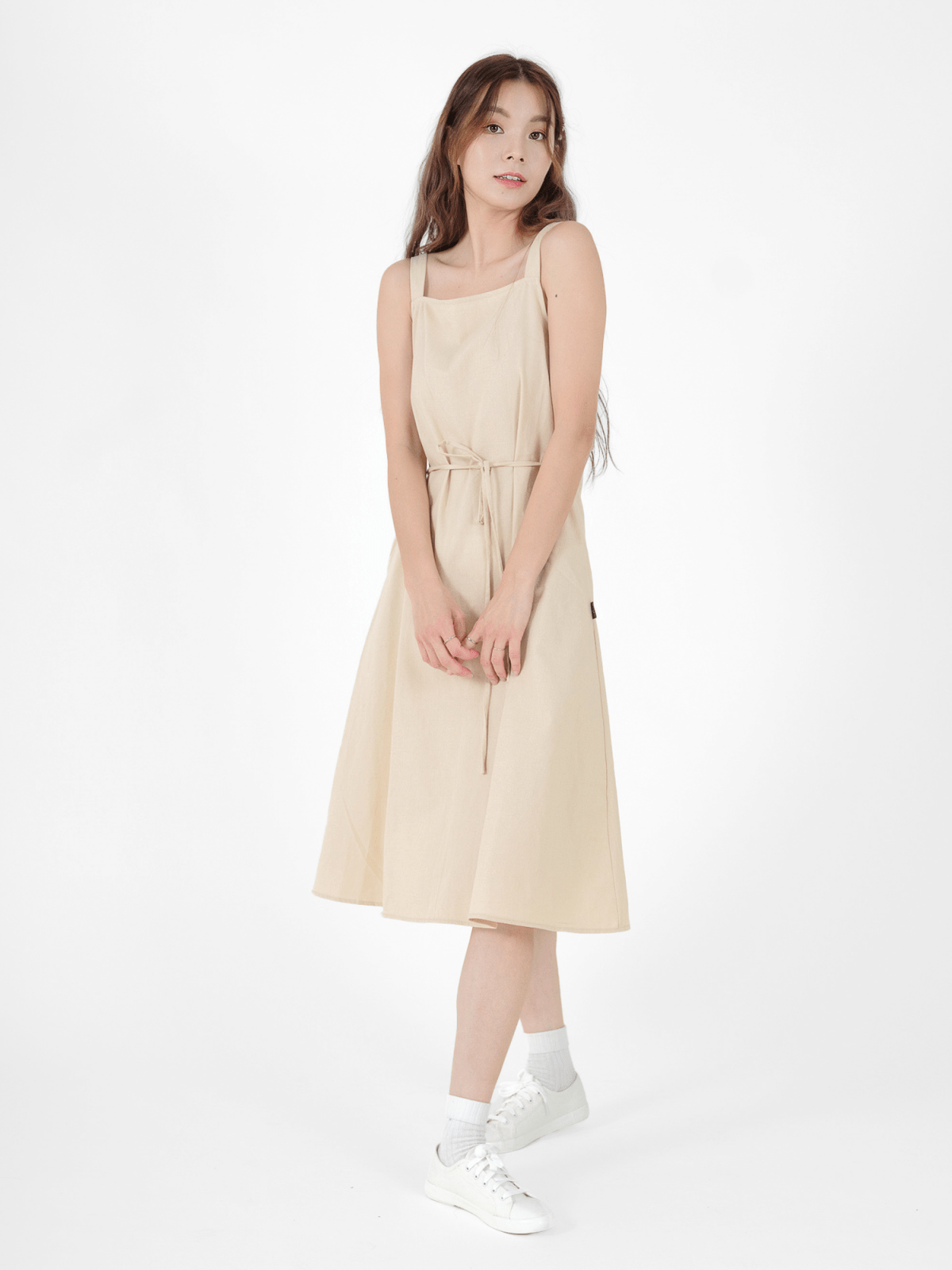 Nora Tie waist Midi Dress - DAG-DD9537-22AlmondF - Almond Cream - F - D'ZAGE Designs