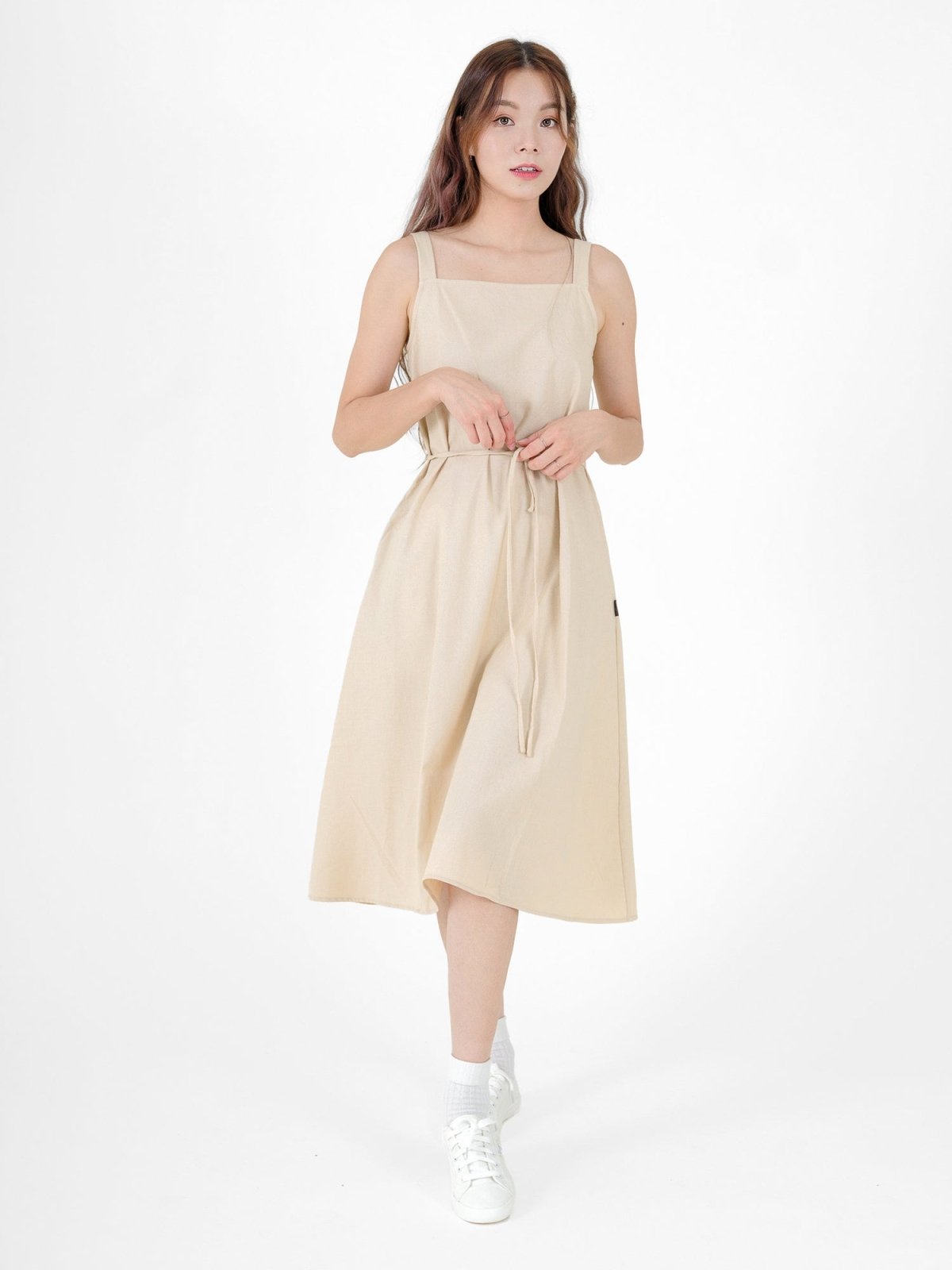 Nora Tie waist Midi Dress - DAG-DD9537-22AlmondF - Almond Cream - F - D'ZAGE Designs