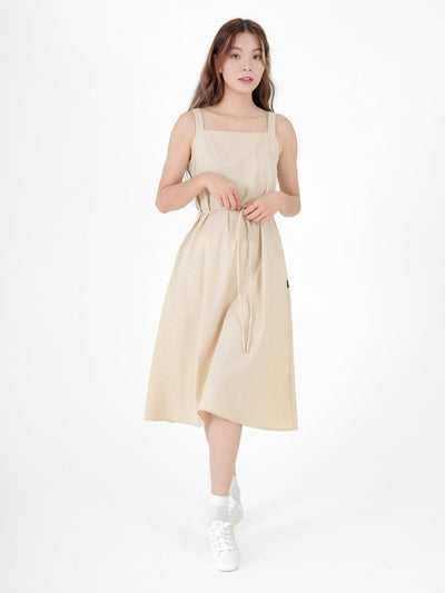 Nora Tie waist Midi Dress - DAG-DD9537-22AlmondF - Almond Cream - F - D'ZAGE Designs