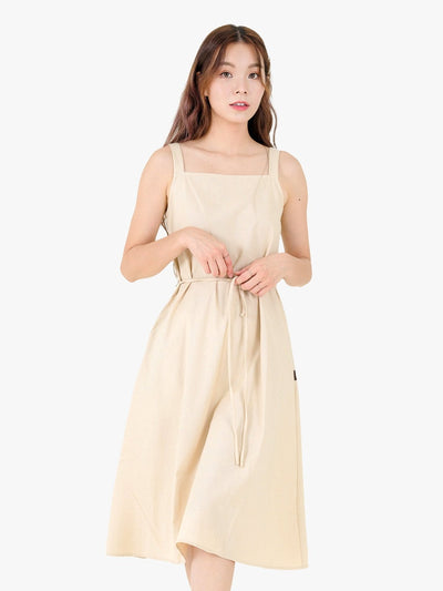 Nora Tie waist Midi Dress - DAG-DD9537-22AlmondF - Almond Cream - F - D'ZAGE Designs
