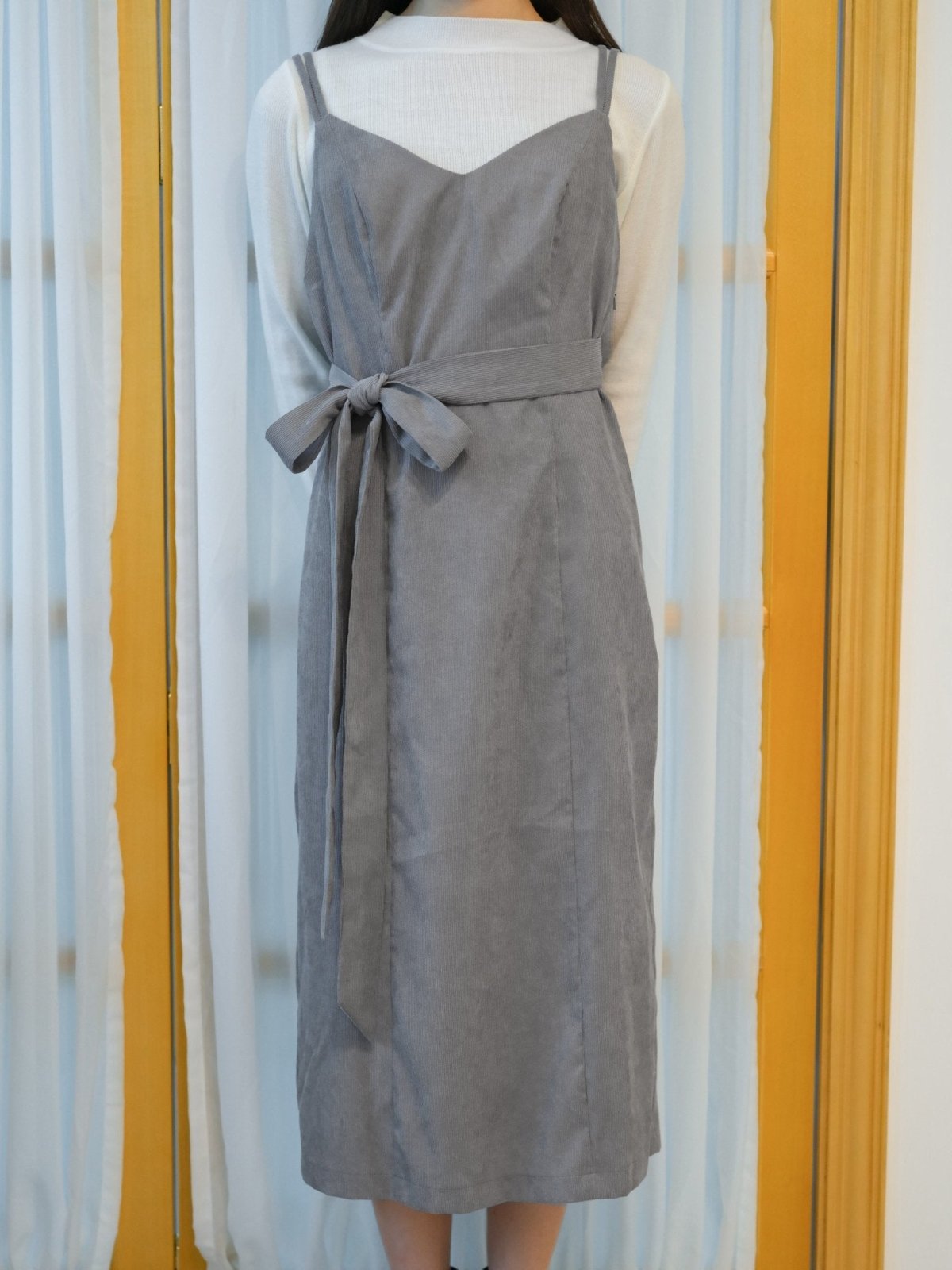 Corduroy Self Tie Maxi Dress - DAG-DD8518-21LightGrayF - Gray - F - D'ZAGE Designs