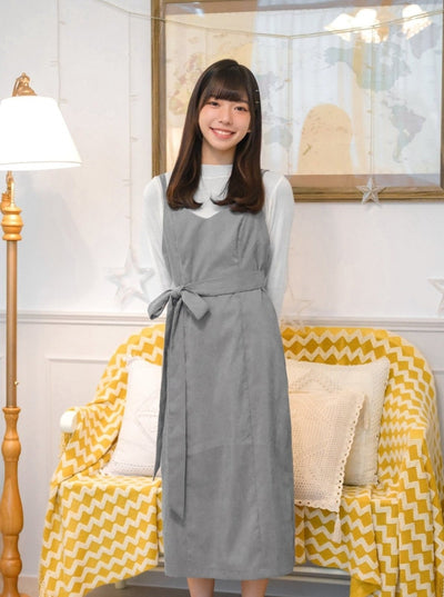 Corduroy Self Tie Maxi Dress - DAG-DD8518-21LightGrayF - Gray - F - D'ZAGE Designs