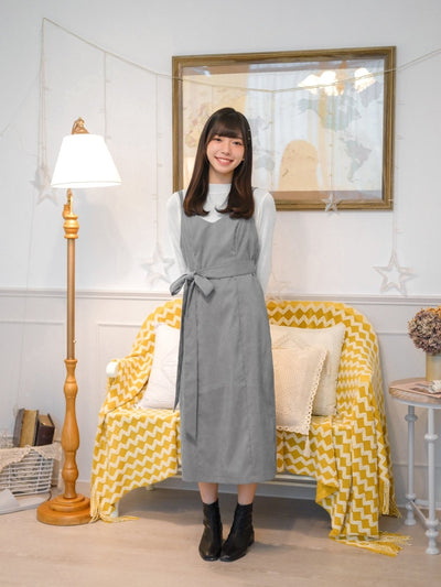 Corduroy Self Tie Maxi Dress - DAG-DD8518-21LightGrayF - Gray - F - D'ZAGE Designs