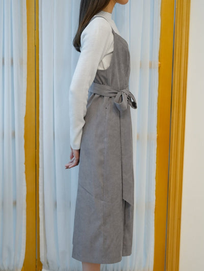 Corduroy Self Tie Maxi Dress - DAG-DD8518-21LightGrayF - Gray - F - D'ZAGE Designs