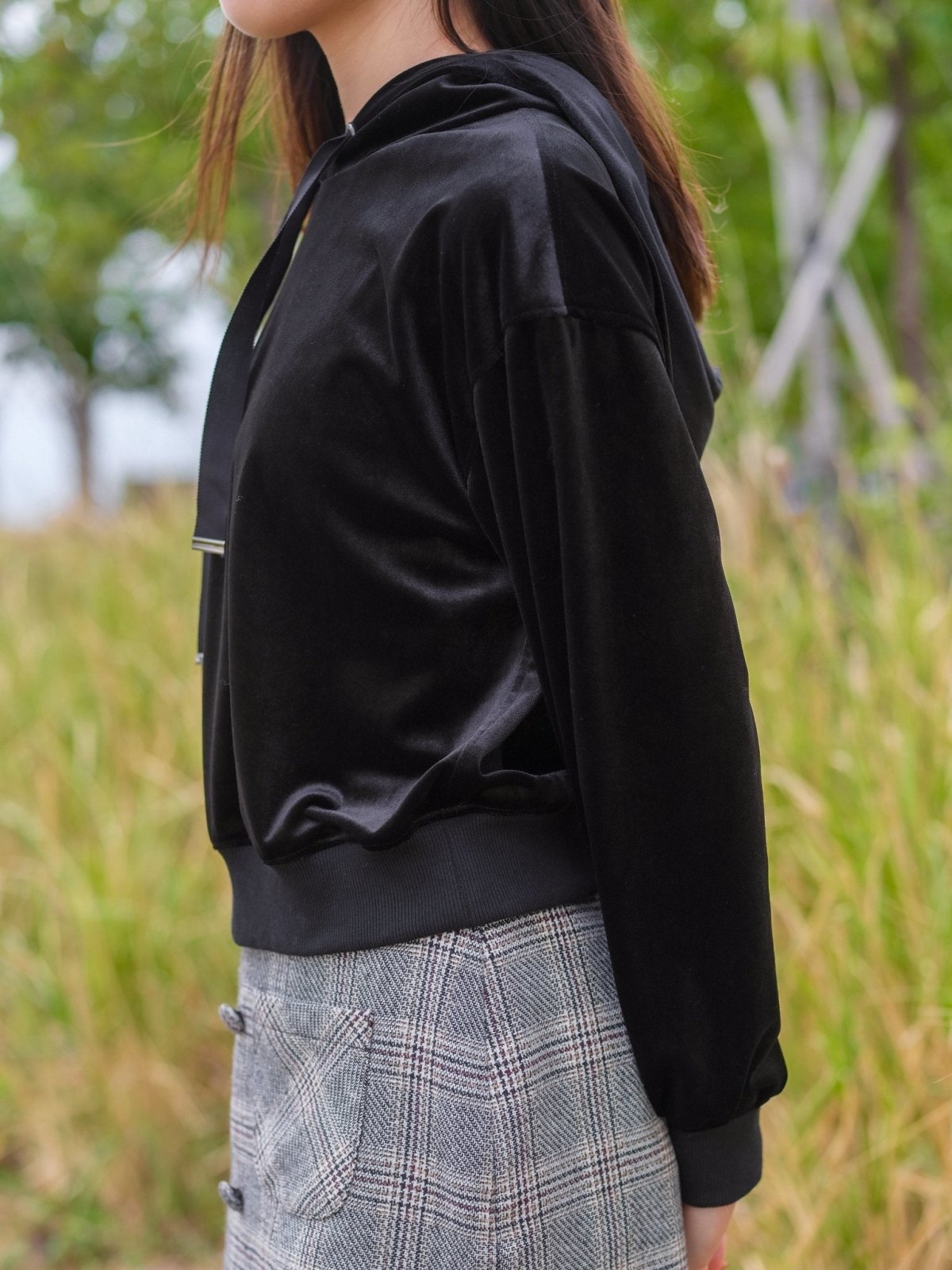 Cropped Velvet Hoodie - DAG-DD8895-21BlackF - Black - F - D'ZAGE Designs