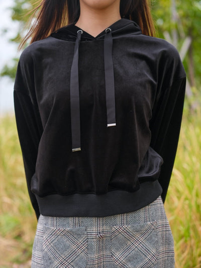 Cropped Velvet Hoodie - DAG-DD8895-21BlackF - Black - F - D'ZAGE Designs