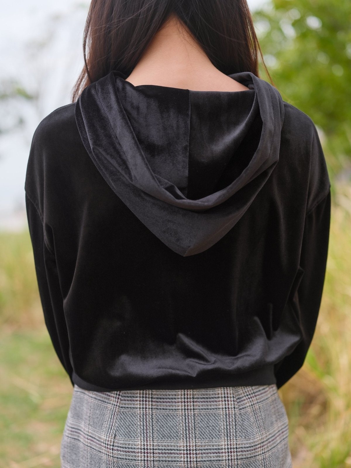 Cropped Velvet Hoodie - DAG-DD8895-21BlackF - Black - F - D'ZAGE Designs